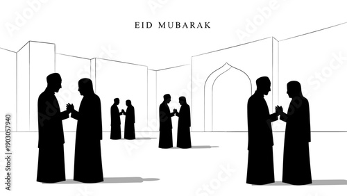 A mosque entrance scene with people arriving for prayer, beautifully illustrating the communal aspect of Eid worship. The perspective adds depth while reinforcing themes of devotion and spiritual gath