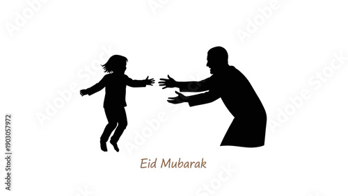A joyful silhouette capturing a child running toward an understanding adult, symbolizing forgiveness and family reunion during Eid. The dynamic posture conveys excitement and emotional warmth.

