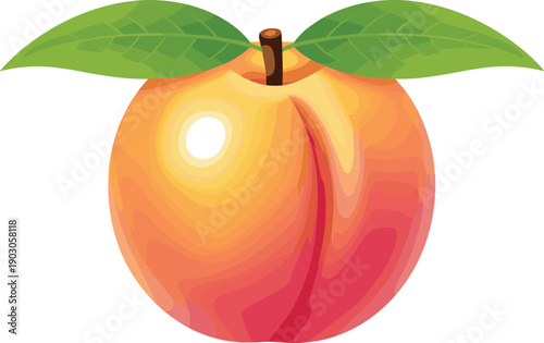 Vector illustration of ripe peach with gradient orange-red hues and two green leaves in stylized cartoon-style layout