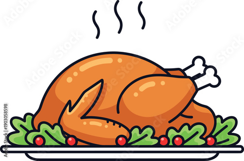 Vector illustration of roasted turkey on platter with steam, leafy greens, and berries in cartoon-style festive holiday layout