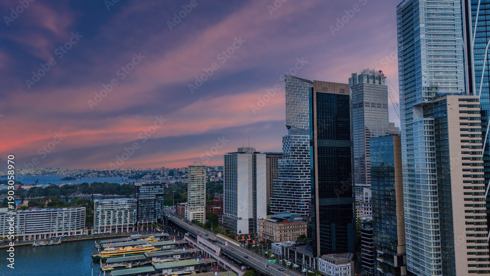 Obraz premium 5 February 2026 Aerial View of Sydney CBD High rise buildings on Sydney Harbour Circular Quay on a nice Summer day beautiful Sky in Sydney NSW Australia