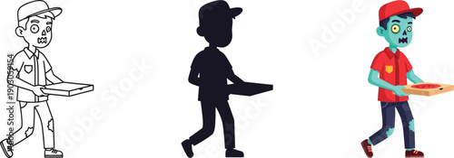 Zombie delivery man carrying pizza in various styles