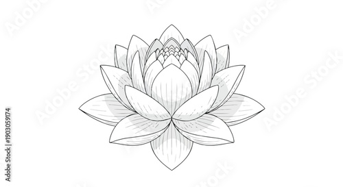 Monochrome line art of a blooming lotus flower, symbolizing purity and spiritual tranquility.