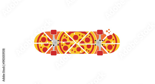 Skateboard with pizza slices as the deck, a fun and unique design.