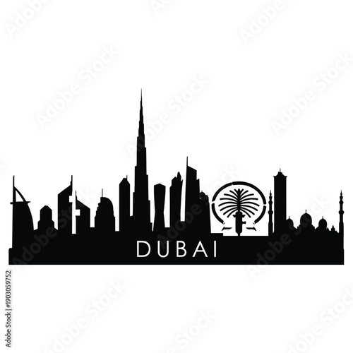 A striking black silhouette of the dubai skyline featuring iconic buildings