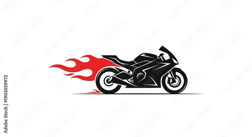 Obraz premium Sleek black motorcycle with fiery exhaust speeding across a white background.
