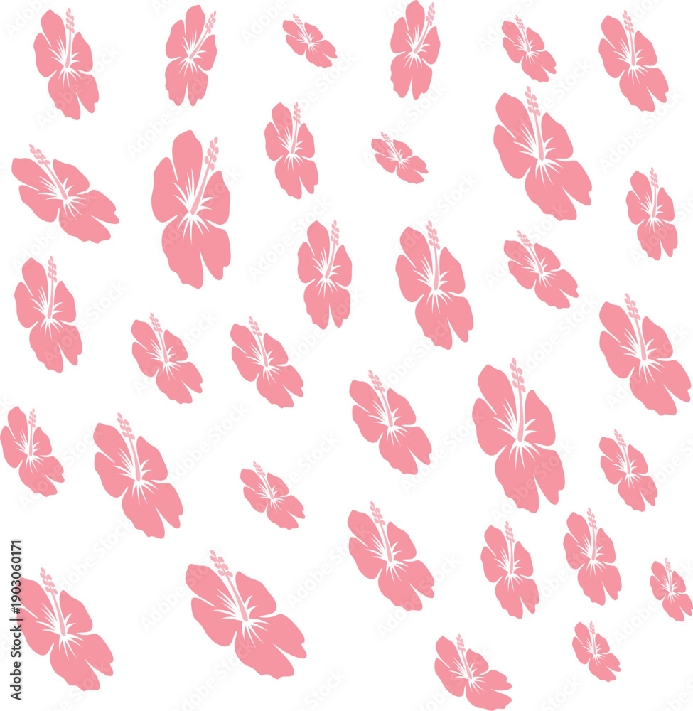 Fototapeta premium Repeating pattern of small light pink hibiscus flowers scattered across a white background in a playful and decorative arrangement