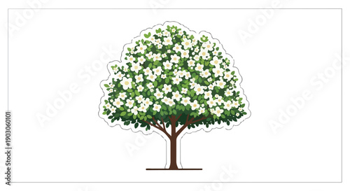 A charming vector illustration of a densely flowering tree with vibrant green leaves and abundant white petals, perfectly capturing the essence of