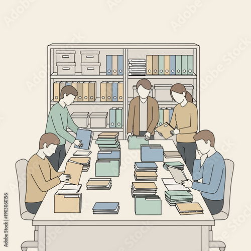 People organizing documents in an office.