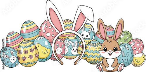 Adorable cartoon illustration features a cheerful brown bunny sitting among a vibrant assortment of brightly decorated Easter eggs and a bunny ear headband accessory.