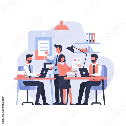 Business team collaborating on project in modern office.