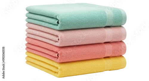 Stack of four colorful towels PNG isolated on transparent background, soft cotton bath linens in yellow, pink, coral and mint green