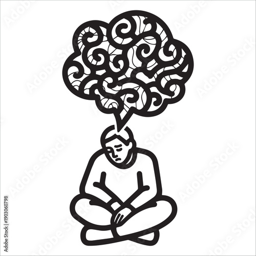 A person sits in a meditative pose with a swirling thought bubble above their head