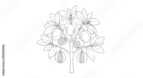 A monochrome hand-drawn illustration depicting a robust fruit tree adorned with lush foliage and various citrus fruits, some whole and some sliced