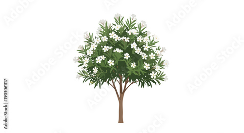 A vibrantly illustrated white flowering plant showcasing delicate blossoms and lush green foliage on a sturdy brown stem, perfect for digital garden