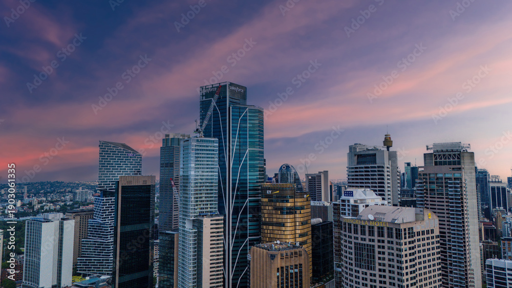 Obraz premium 5 February 2026 Aerial View of Sydney CBD High rise buildings on Sydney Harbour Circular Quay on a nice Summer day beautiful Sky in Sydney NSW Australia