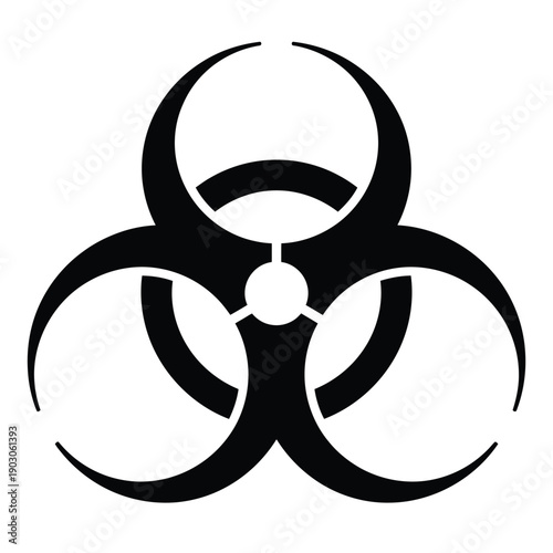 Black and white biohazard symbol prominently displayed against a white background