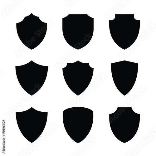 Collection of nine black shield silhouettes arranged in a grid pattern