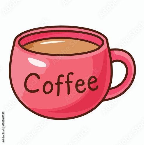 Adorable cartoon illustration featuring a charming pink coffee mug filled with a warm brown beverage ready for a delightful morning sip or break time enjoyment