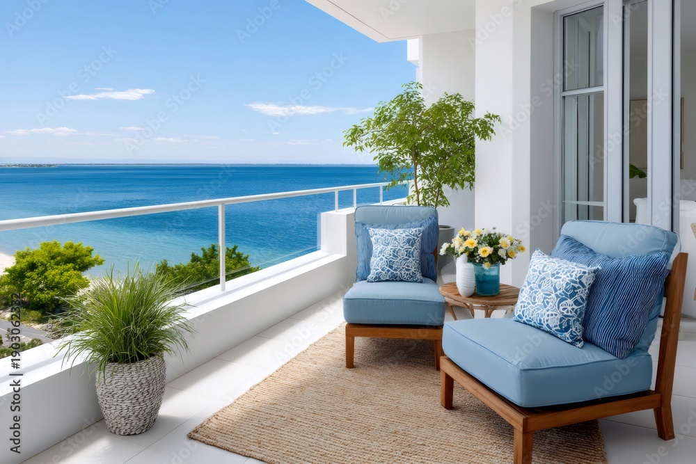Fototapeta premium Balcony with ocean view and comfortable lounge chairs