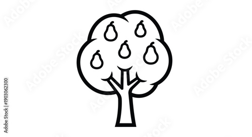 Minimalist pear tree icon depicting ripe fruits on its branches, a stylized representation of nature's bounty and agricultural harvest, perfect for