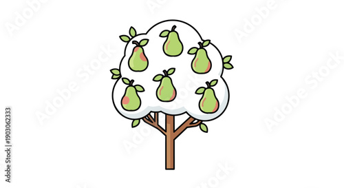 A charming illustration of a productive pear tree bearing a bountiful harvest of six luscious, ripe green fruits, embodying natural growth and sweet
