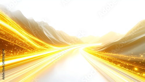 Golden light streaks through mountain landscape, suggesting speed and technology