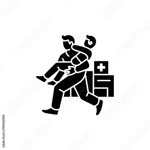 Person Carrying Injured Individual Toward Medical Symbol black white silhouette