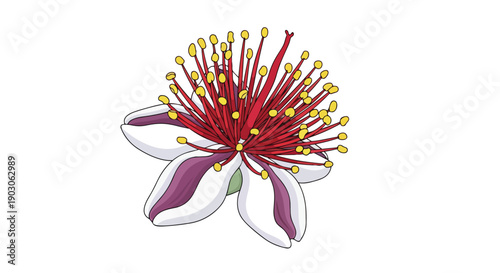 Vivid botanical illustration of an exotic flower blossom, featuring prominent red stamens with golden anthers, beautifully contrasted by white