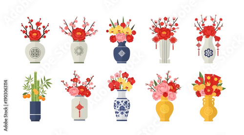 Collection of Various Colorful Flower Vases.