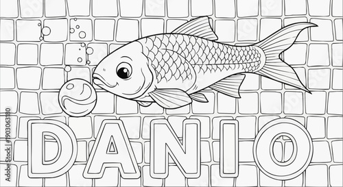 Coloring page of a danio fish swimming next to a marble in an aquarium
