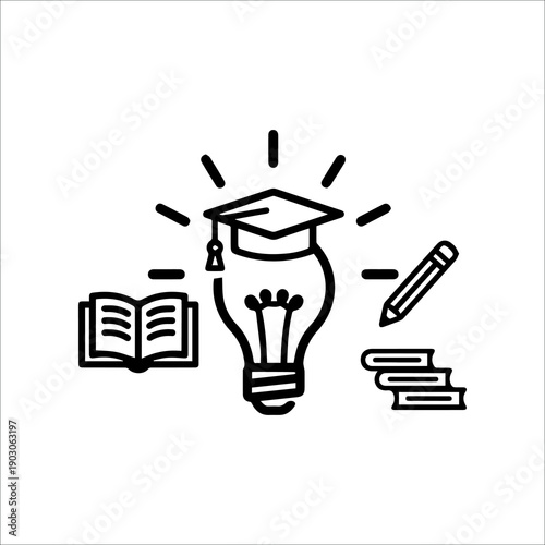 A simple black and white illustration of a lightbulb wearing a graduation cap surrounded by books and a pencil.