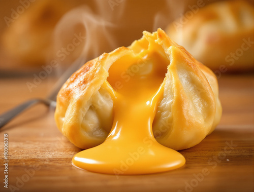 Steaming hot dumpling bursting with melted cheese on a wooden surface, viewed from a close-up perspective