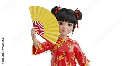 3D Asian Girl in Red Dress with Yellow Fan