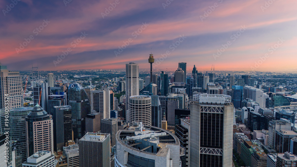 Obraz premium 5 February 2026 Aerial View of Sydney CBD High rise buildings on Sydney Harbour Circular Quay on a nice Summer day beautiful Sky in Sydney NSW Australia
