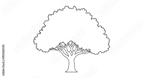 Monochrome graphic displaying a sturdy tree with a substantial canopy and articulated internal branch structure, suitable for graphic contexts and