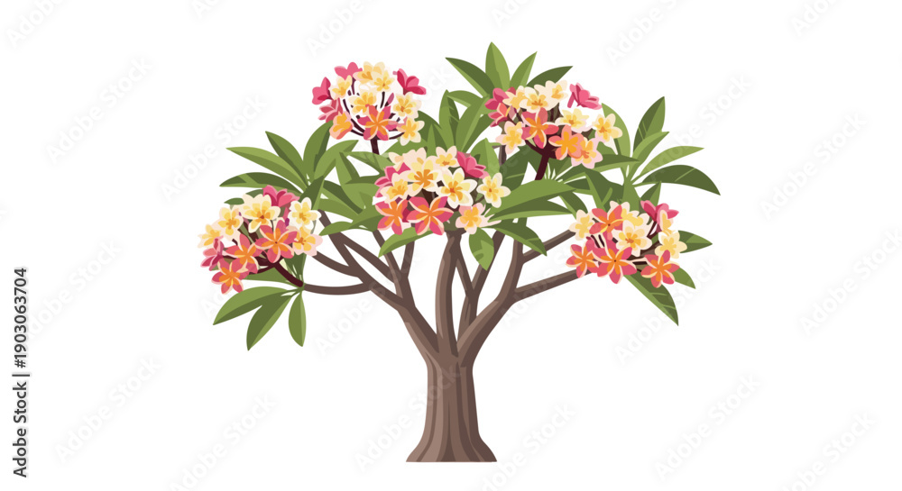 Obraz premium Vibrant tropical plumeria tree in full bloom with colorful flowers and lush green foliage, showcasing serene natural beauty in a crisp illustration