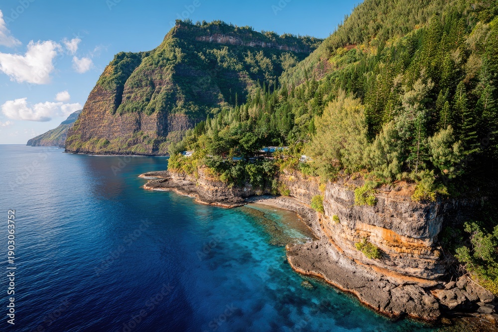 Obraz premium Coastal cliffs meet turquoise water, lush green forest