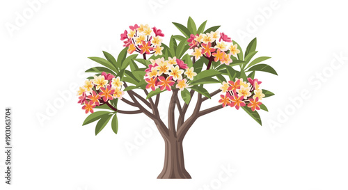 Vibrant tropical plumeria tree in full bloom with colorful flowers and lush green foliage, showcasing serene natural beauty in a crisp illustration