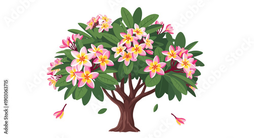 Lush plumeria tree vector art featuring colorful blossoms and a serene natural essence