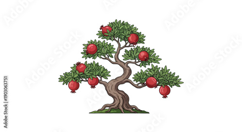 Vibrant stylized pomegranate tree illustration featuring ripe red fruit nestled among lush green foliage with a gracefully gnarled trunk on a clean