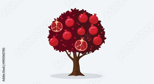 Vibrant Pomegranate Tree Illustration Bursting with Ripe Fruit and Juicy Halves Displaying Richness