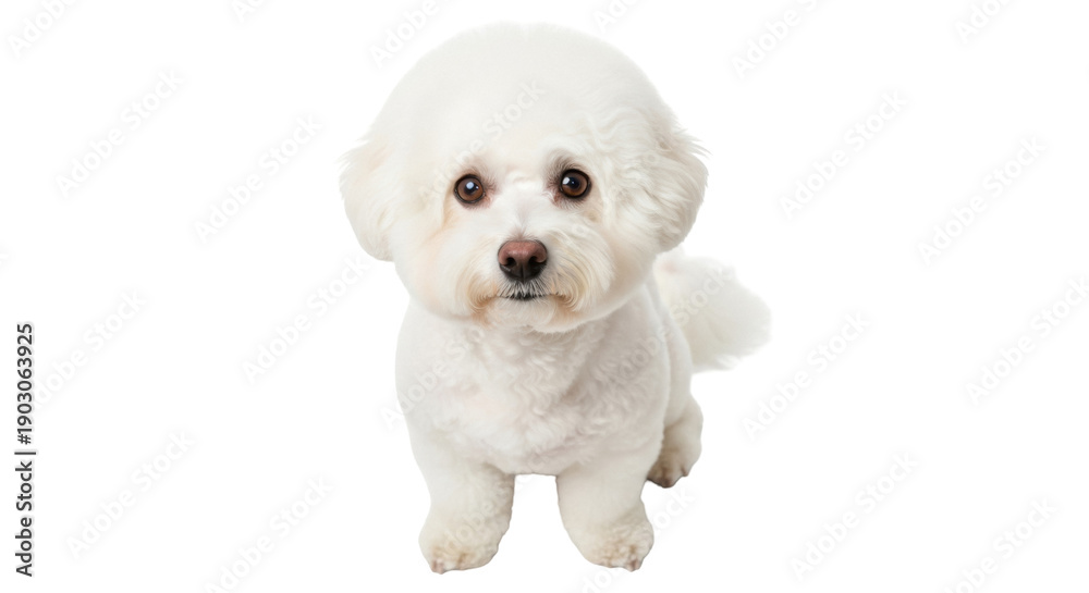 Obraz premium Adorable Bichon Frise puppy isolated PNG, small white dog with fluffy fur on transparent background, cute pet for design projects