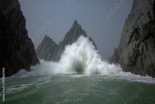 Powerful waves crashing against rocky coast