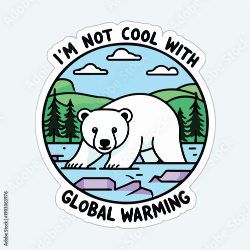 Adorable illustration of a sad polar bear standing precariously on melting ice floes, featuring text demanding attention regarding climate change and environmental destruction awareness