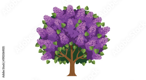 A delightful illustration of a blooming lilac tree displaying vivid purple blossoms and verdant green leaves against a crisp white backdrop ideal