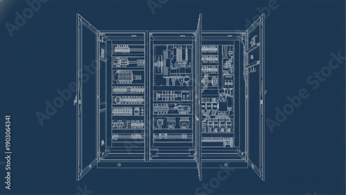 Electrical Control Panel Cabinet Blueprint Engineering Drawing Open