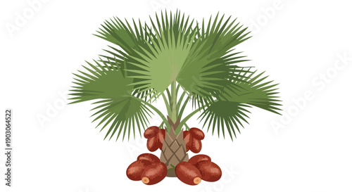 A vibrant illustration of a bountiful date palm tree, showcasing its distinctive green fan-shaped leaves and abundant clusters of ripe,