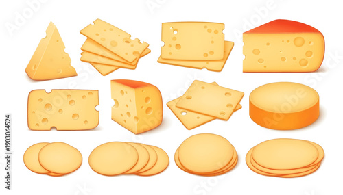 Variety of cheese types and shapes.