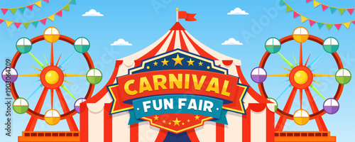 Carnival fun fair scene with circus tent ferris wheel and flags
